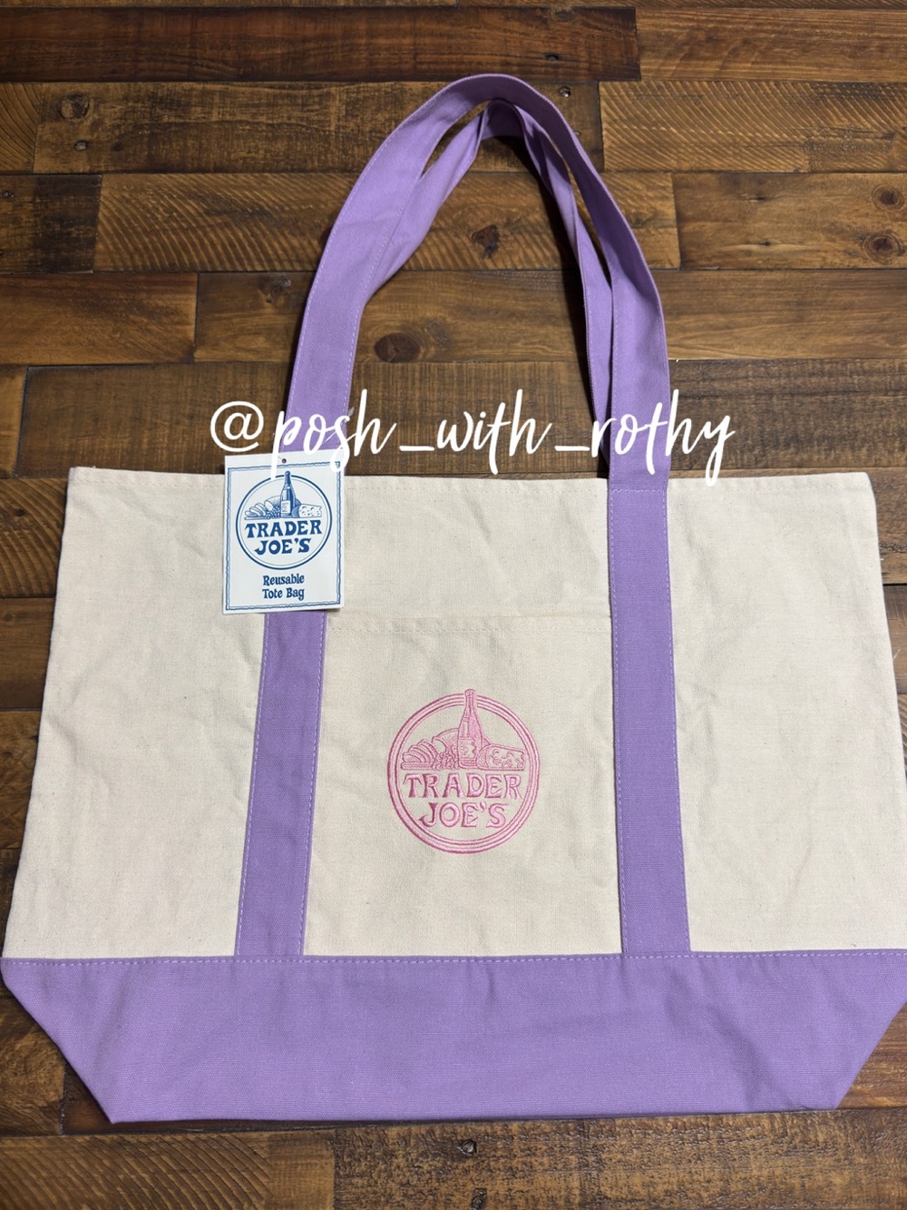 Trader Joe’s Large Lavender-Trim Canvas Tote Bag, NWT